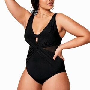 Adore Me One Piece Swimsuit Size 2X Black Twist Front Cutout Mesh Sculpting